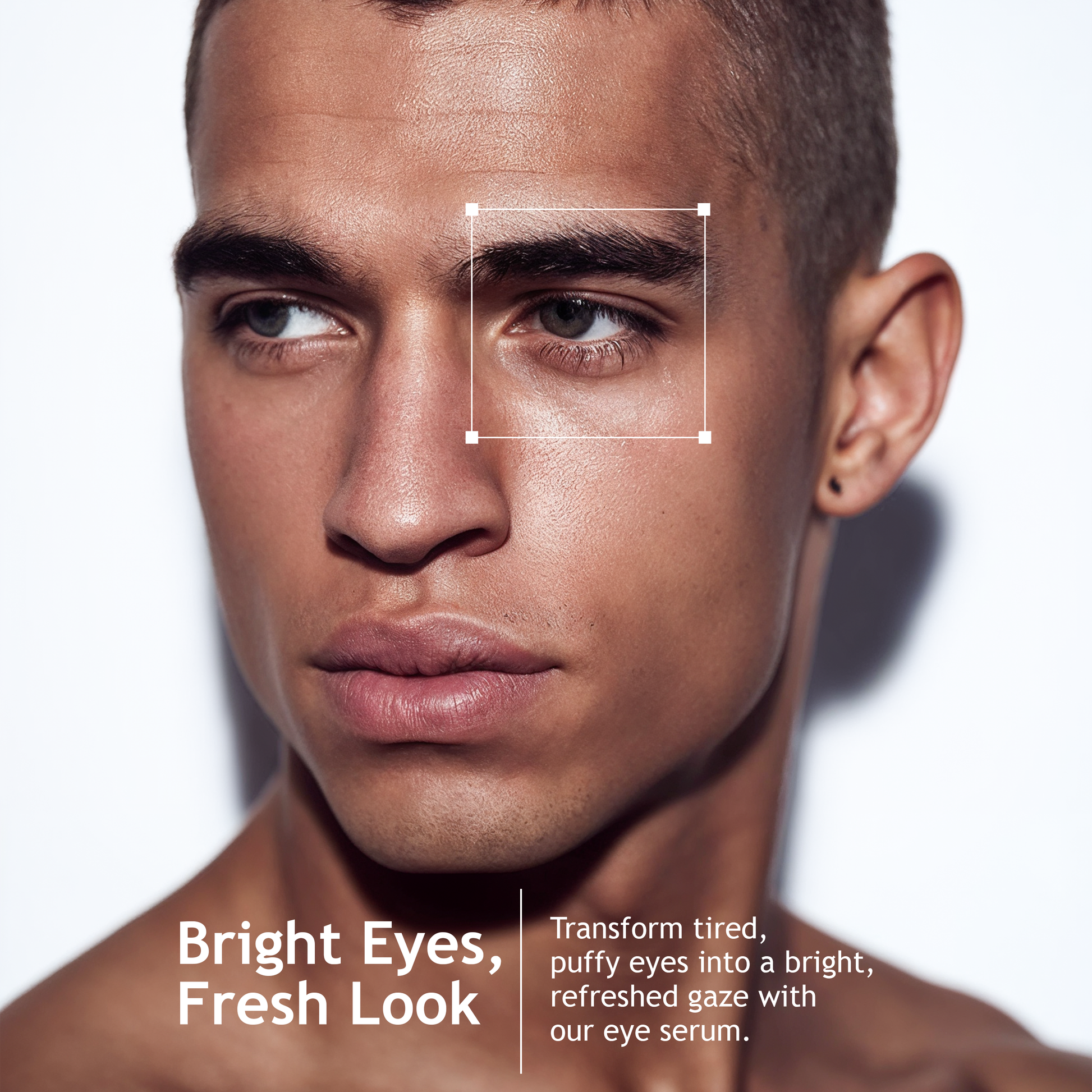 Close-up of a person with text about eye serum on a white background